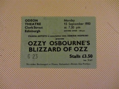 Edinburgh Odeon 15/09/80, Blizzard of Ozz ticket.